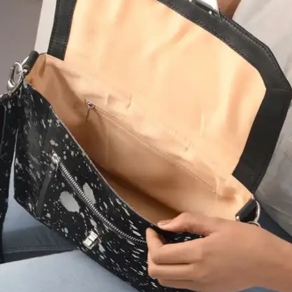 Cowhide Print Genuine Black Leather Crossbody Purse Print is Silver Splashes - Picture 8 of 8